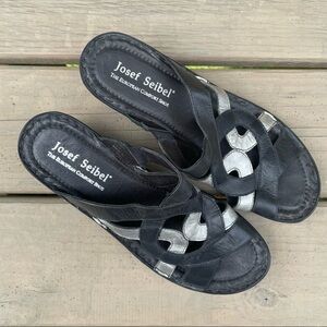 Josef Seibel black silver leather slide sandals 41
